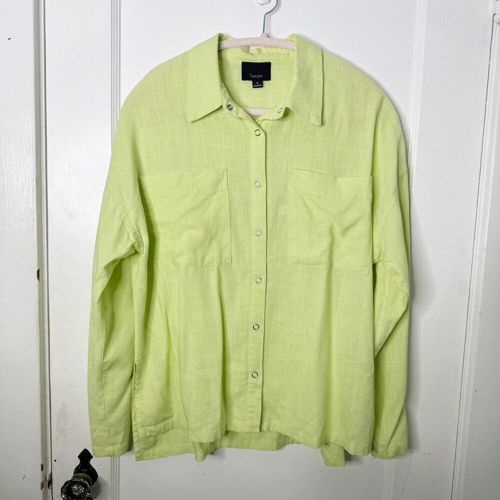 Lumiere Lime Green Collared Viscose Linen Blend Long Sleeve Button Down Shirt M